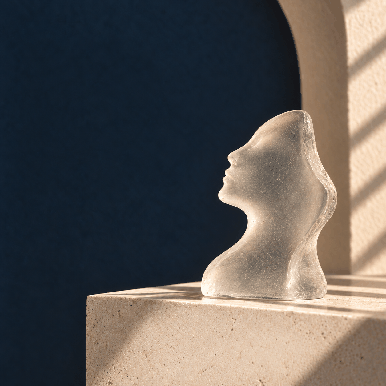 A translucent sculpted profile on a stone plinth, lit by a slant of warm light